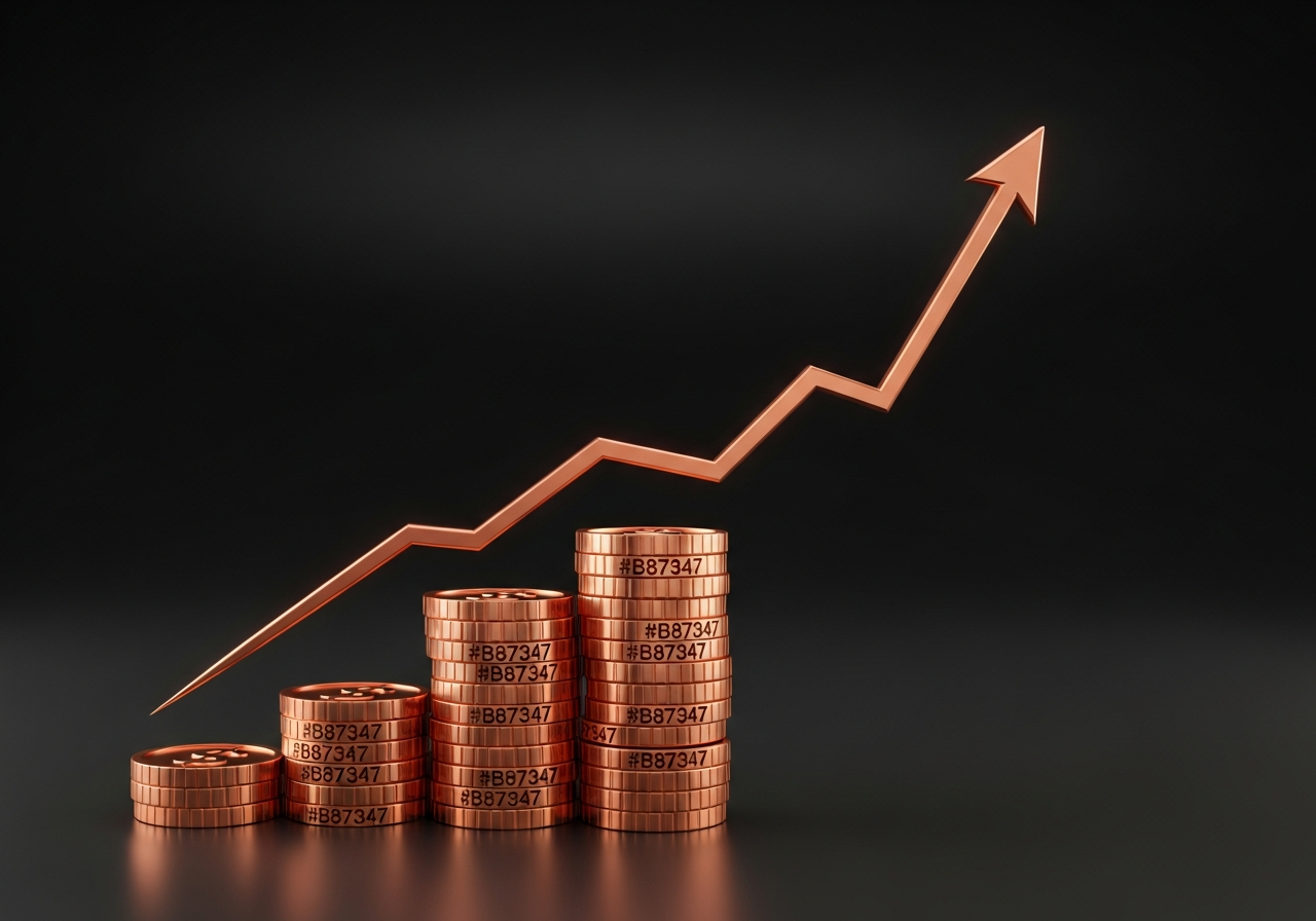 Pièces empilées et courbe de croissance financière en cuivre